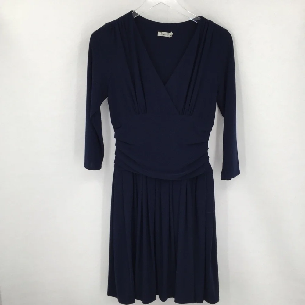 Eliza J navy blue knit jersey dress empire waist shift wide fit flare women 6